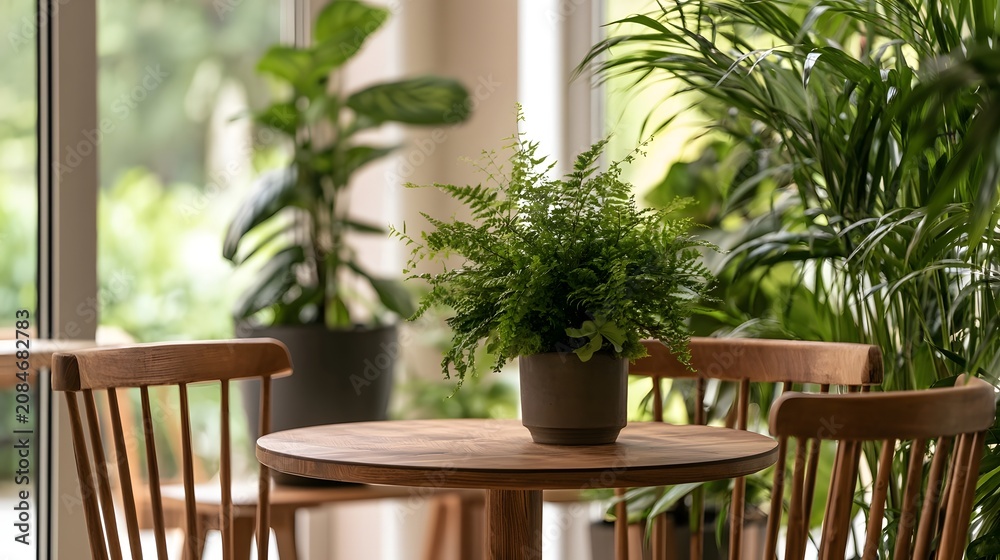 Fototapeta premium A small potted fern sits on a round wooden table surrounded by chairs and lush green plants near large