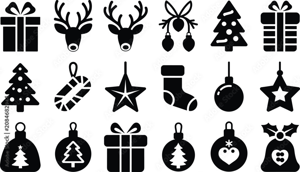 Naklejka premium Christmas holiday icons set with gifts ornaments and reindeer black and white silhouettes