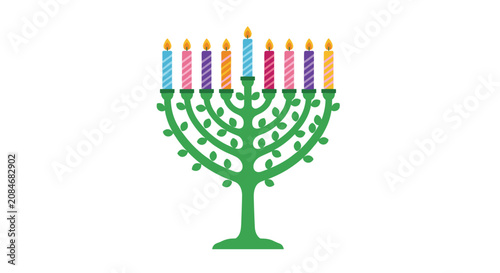 Creative green tree shaped menorah with colorful burning candles on a white background for Hanukkah celebration.