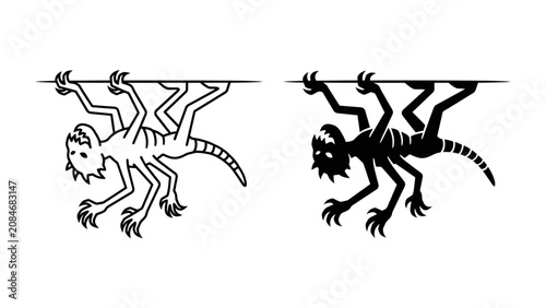 Photos Spooky Spider Monster: Two stylized illustrations of a creepy, multi-limbed spider-like monster, one in outline and the other in silhouette, clinging to a horizontal line
