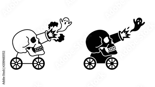 Photography Skull Cannon with Ghost Ejection: A stylized skull transformed into a cannon, launching ghostly figures into the air