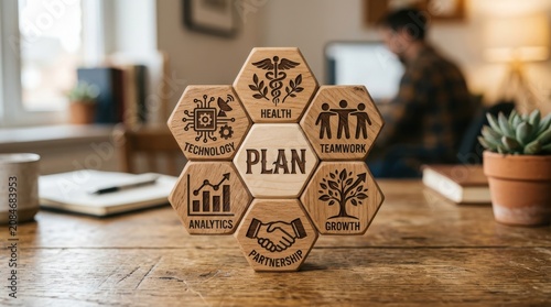 Business planning strategy hexagon icons on wooden blocks table