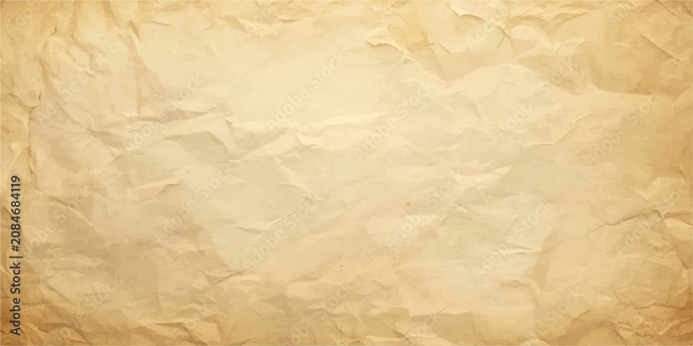 Fototapeta premium Old crumpled vintage brown paper texture background with wrinkled aged parchment sheet, grunge blank rough textured surface and creased worn cardboard paper pattern
