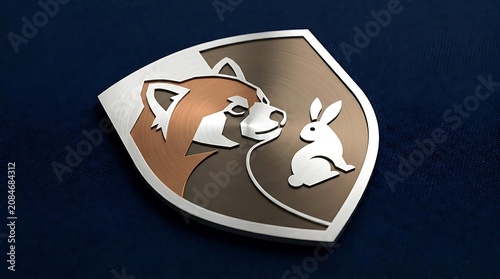 Shield emblem featuring red panda and white rabbit