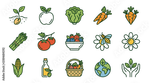 Fresh vegetables and fruits icons set.
