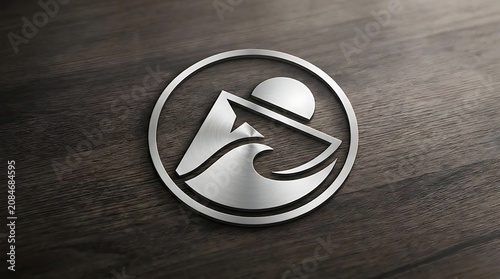 Silver metallic mountain logo on dark wood background.
