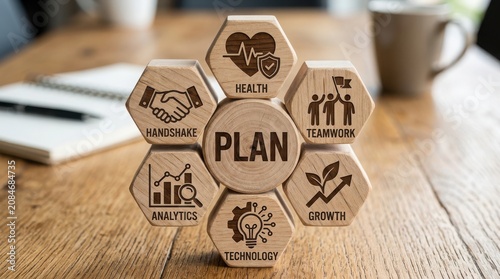 Business plan concept with six core elements as icons