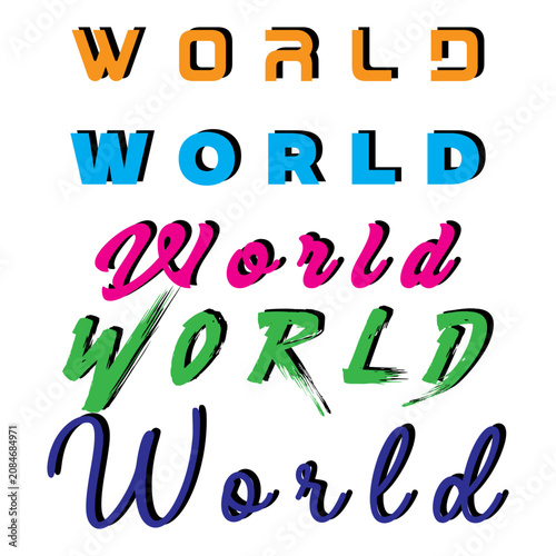World Text Typography Vector Set - Creative World Calligraphy and Drop Shadow Font Design.