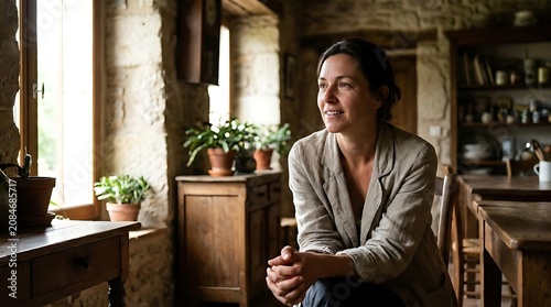 Smiling woman sitting in rustic sunlit stone kitchen.
