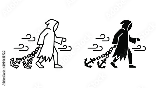 Fotografie Symbol of Despair: A hooded figure, representing an abstract concept or entity, drags a heavy anchor chained to its leg, symbolizing burden or inescapable fate