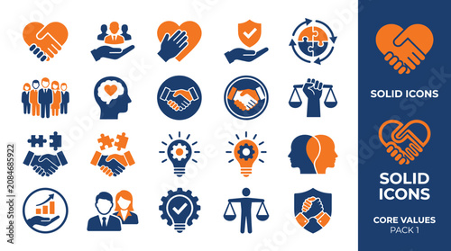 Set of core values and business ethics solid vector icons for corporate identity.