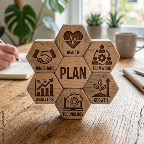 Business plan hexagon icons with teamwork and growth symbols