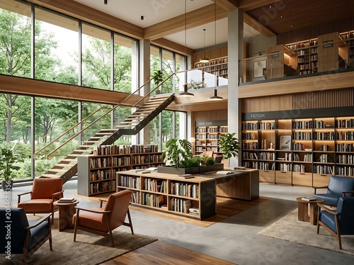 Spacious two-story home library with wooden bookshelves and stairs.