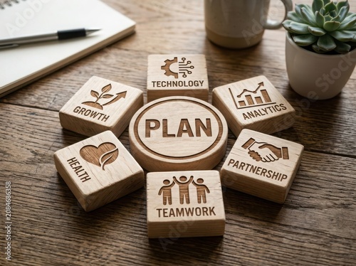 Business plan concept with teamwork growth and technology icons