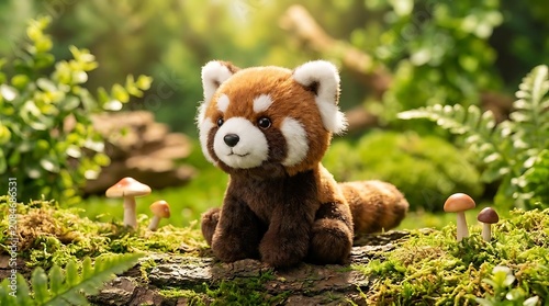 Stuffed red panda toy on mossy forest floor.