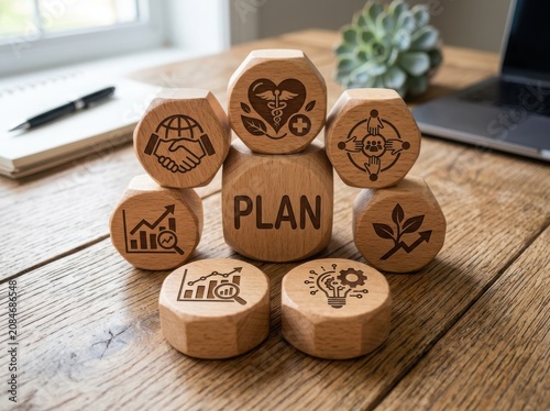 Wooden tokens with plan and business icons on table