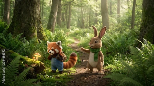 Stylized red panda and rabbit characters in a forest.