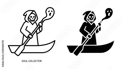 Φωτογραφία Soul Collector: An artistic depiction of the Grim Reaper, cloaked and hooded, rowing a boat with a spectral soul floating beside him, symbolizing the passage from life to the afterlife