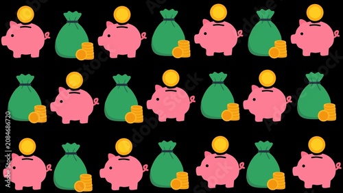 Pattern depicting financial growth and savings, showcasing pink piggy banks and green money bags with gold coins, symbolizing wealth and investment