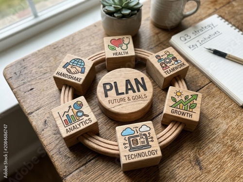 Wooden blocks with business planning and growth icons on table