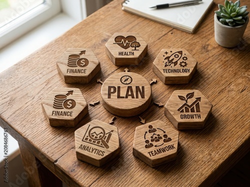Business plan concept with finance and teamwork icons on sand