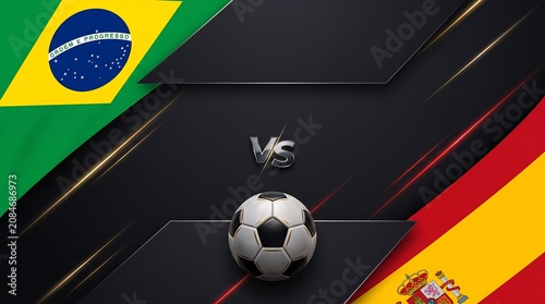 Brazil vs Spain football match graphic with soccer ball and flags, And, World Cup 2026, World Cup, FIFA World Cup 2026, Football final 2026, Football Grand Final, Final Match VS
