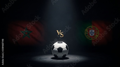 Morocco vs Portugal football match, soccer ball with flags, competitive sports event, And, World Cup 2026, World Cup, FIFA World Cup 2026, Football final 2026, Football Grand Final, Final Match VS