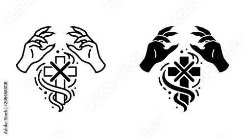 Obraz na plátně Symbol of Faith and Protection: This symbolic image features two stylized hands cupped protectively around a cross entwined with a serpent, rendered in both line art and silhouette