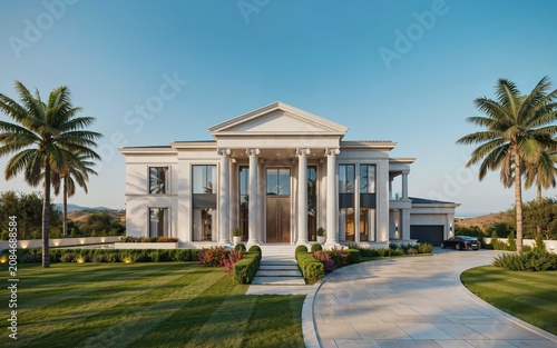 Luxury Neoclassical Mansion with Grand Columns and Palm Trees Exterior