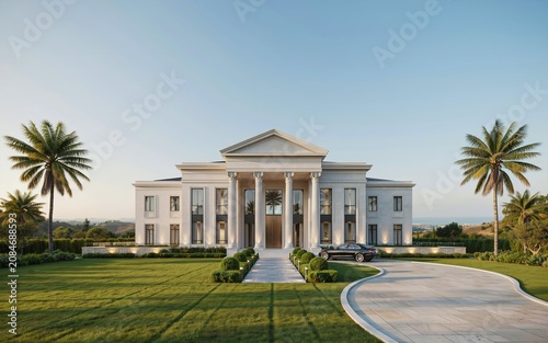 Luxury Neoclassical Mansion with Grand Columns and Palm Trees Exterior