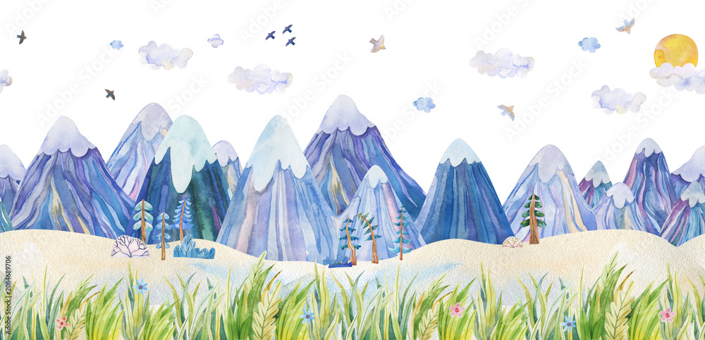 Fototapeta premium Watercolor Winter Landscape Seamless Border with Snowy Mountains, Forest Trees and Birds. Hand-drawn illustration for Christmas, New Year, baby shower, nursery wall art