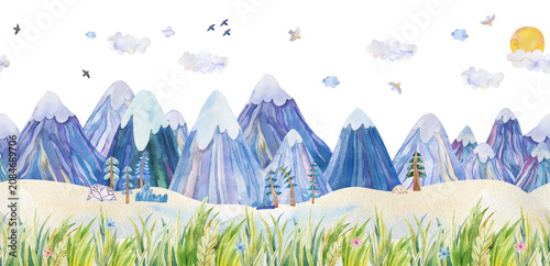 Watercolor Winter Landscape Seamless Border with Snowy Mountains, Forest Trees and Birds. Hand-drawn illustration for Christmas, New Year, baby shower, nursery wall art