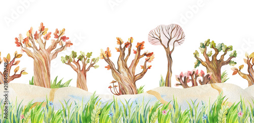 Watercolor Autumn Village Seamless Border with Hand Drawn Houses, Whimsical Trees and Birds on Isolated Background for Baby Shower, Birthday, Nursery Wall Art