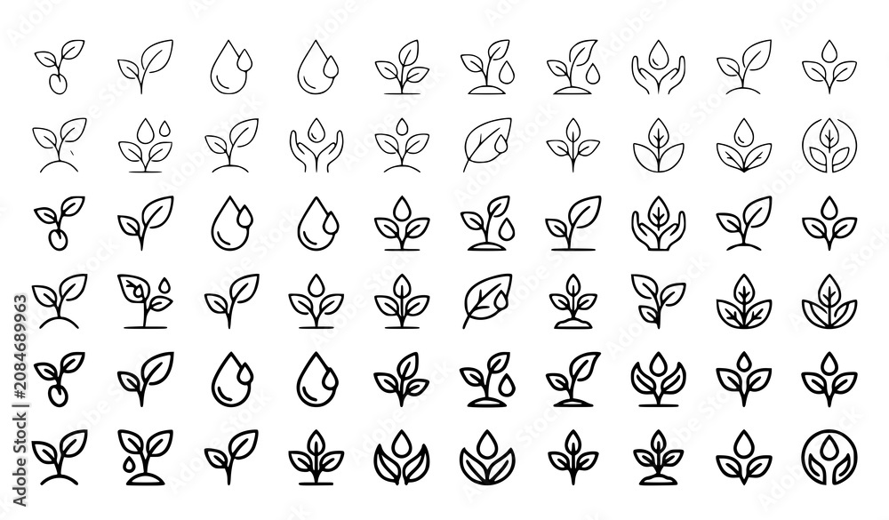 Fototapeta premium Plant Growth and Sprout Line Icons Collection with Leaves Flowers Botanical Nature Vector Symbols