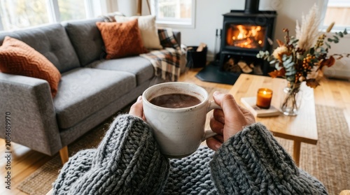 Cozy home interior with fireplace and person holding warm beverage