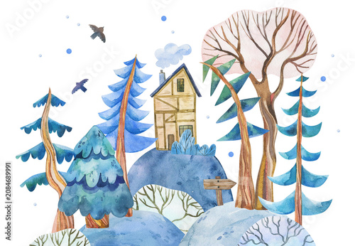Watercolor Whimsical House with Autumn Trees. Hand-drawn forest landscape isolated illustration for baby shower, newborn, birthday, nursery wall art decor