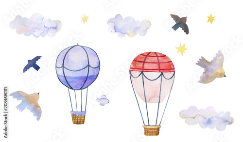 Watercolor hot air balloons set flying in the blue sky with clouds stars and birds fairytale clipart for kids birthday party invitations nursery wallart design
