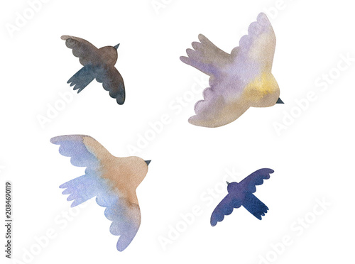 Watercolor flying birds flock set with cute sparrows and swallows sky landscape elements for spring celebration freedom concepts kids bedroom wallart design