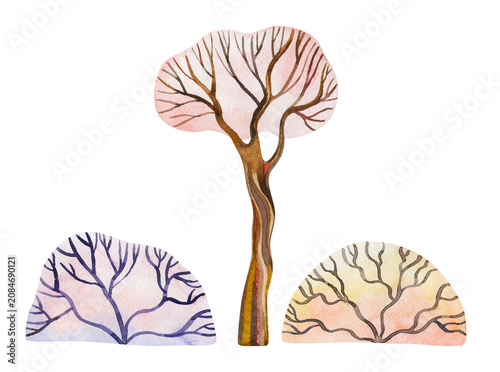 Watercolor fairytale tree with pink leaves and bare bushes abstract magical landscape clipart for spring bridal shower Mother Day greeting cards nursery poster