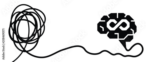 Photos Tangled wire connected to brain icon with infinity symbol representing endless learning or thought