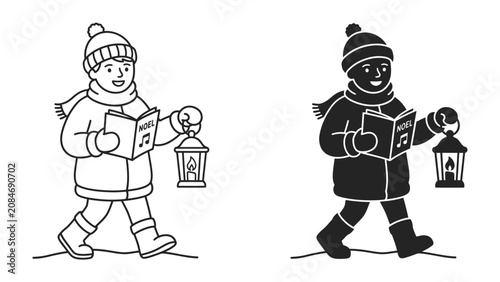 Tableau sur toile Caroling Child with Lantern: A cheerful child, dressed in winter attire and holding a glowing lantern, walks and sings from a carol book
