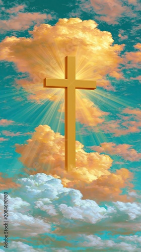 A cross stands tall with light shining in a colorful cloudy sky at sunset