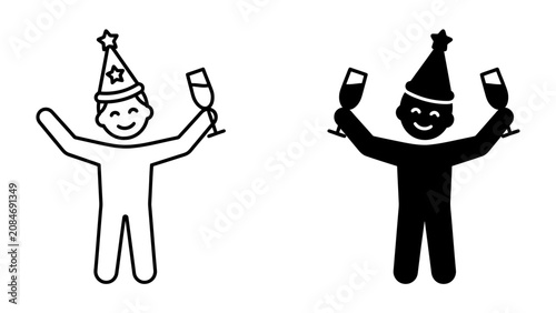 Foto Celebration Icons: Two stylized figures, one in outline and one in silhouette, wearing festive party hats and raising glasses of champagne in a gesture of joy and celebration