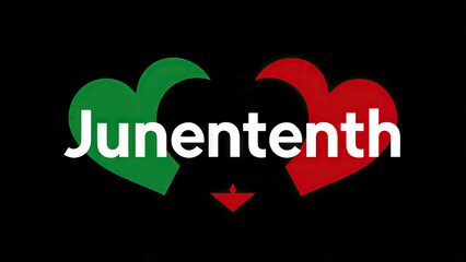 Juneteenth celebration graphic featuring red green and black heart shapes on a dark background.