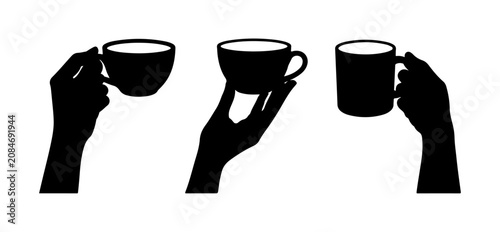 Hand Holding Coffee Cup Silhouettes Set Isolated on White Background, Black Mug and Teacup Vector Collection