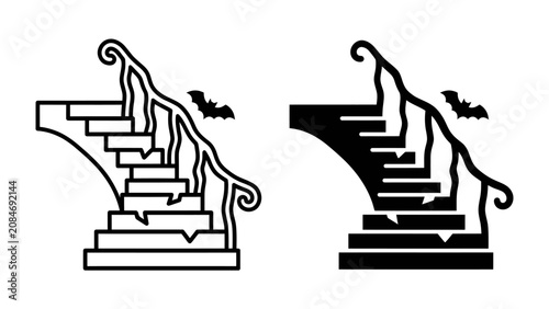 Photography Spooky Staircase Icon: A gothic-style staircase, complete with cracked stone steps and a gnarled banister, is depicted alongside a silhouette of a bat