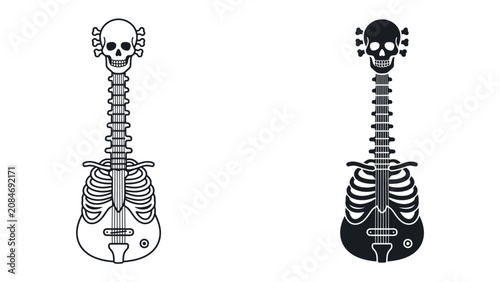 Schilderij op canvas Skeleton Guitar: A striking graphic illustration featuring a guitar designed with skeletal elements, including a skull for the headstock and a ribcage for the body