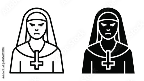 Cuadro en lienzo Angry Nun Icon: An illustration of an angry nun depicted in two styles, one as a line drawing and the other as a silhouette, both featuring an inverted cross