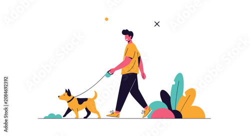 Quadro su tela Man walking his small brown and black dog on a leash in a minimalist urban park setting with colorful plants and foliage