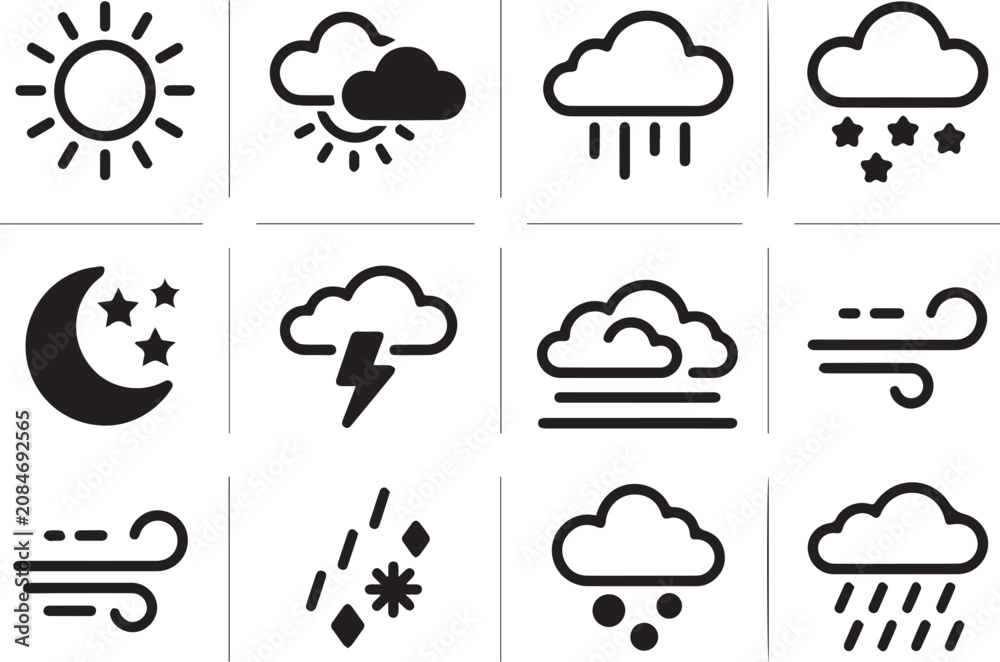 Obraz premium Weather Icon Set Vector Illustration Black Line Sun Cloud Rain Snow Moon Wind Storm Icons for App Design
